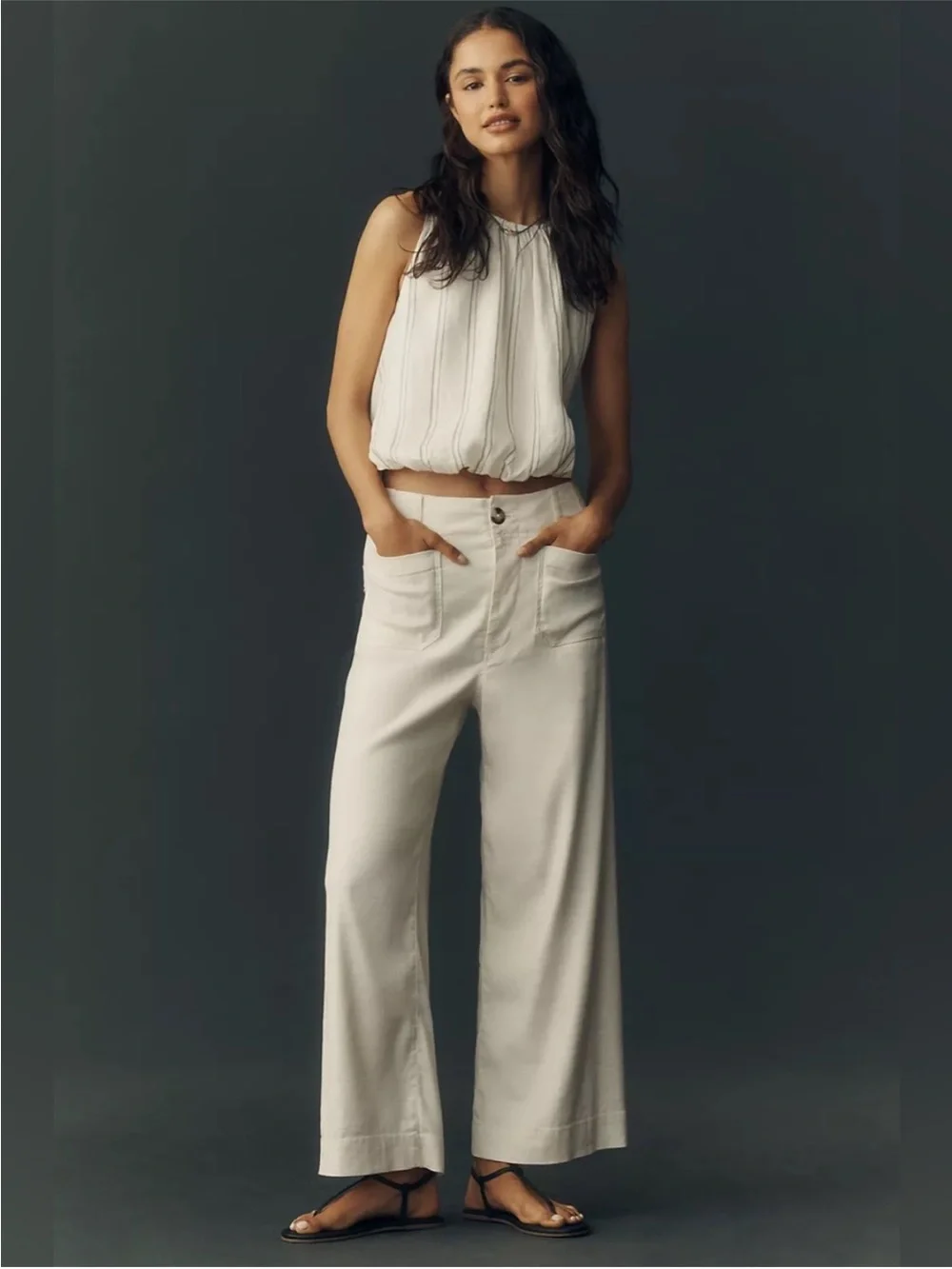 Maeve Colette Cropped Wide Leg Linen Pants Chalk White Size 29 Anthropologie - Picture 1 of 8